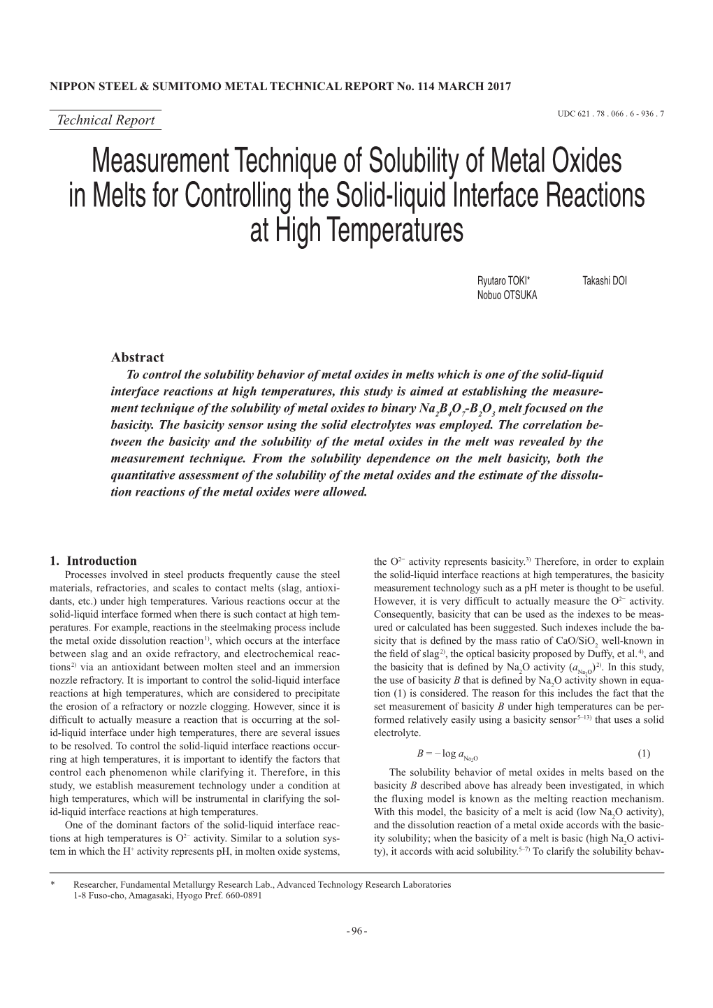 Measurement Technique of Solubility of Metal Oxides in Melts for Controlling the Solid-Liquid Interface Reactions at High Temperatures