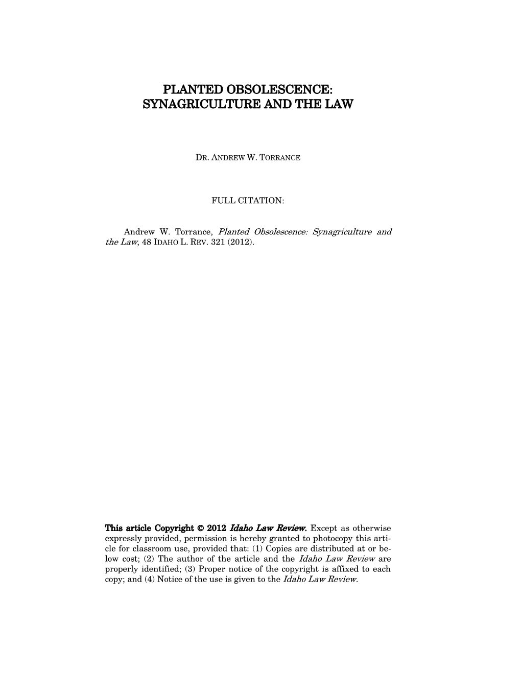 Synagriculture and the Law