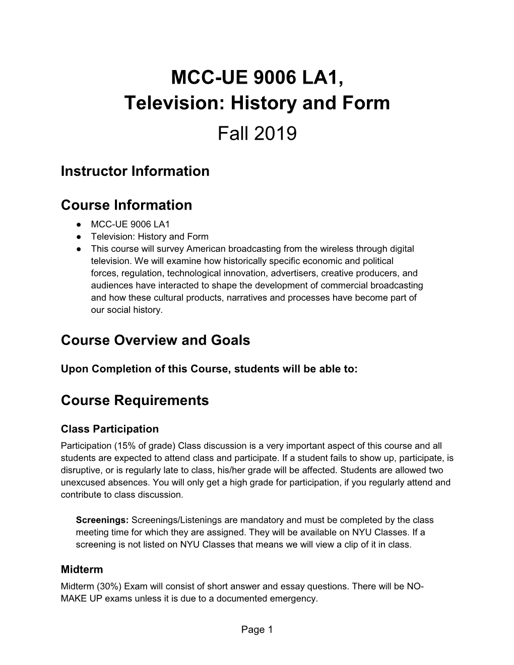 MCC-UE 9006 LA1, Television: History and Form Fall 2019