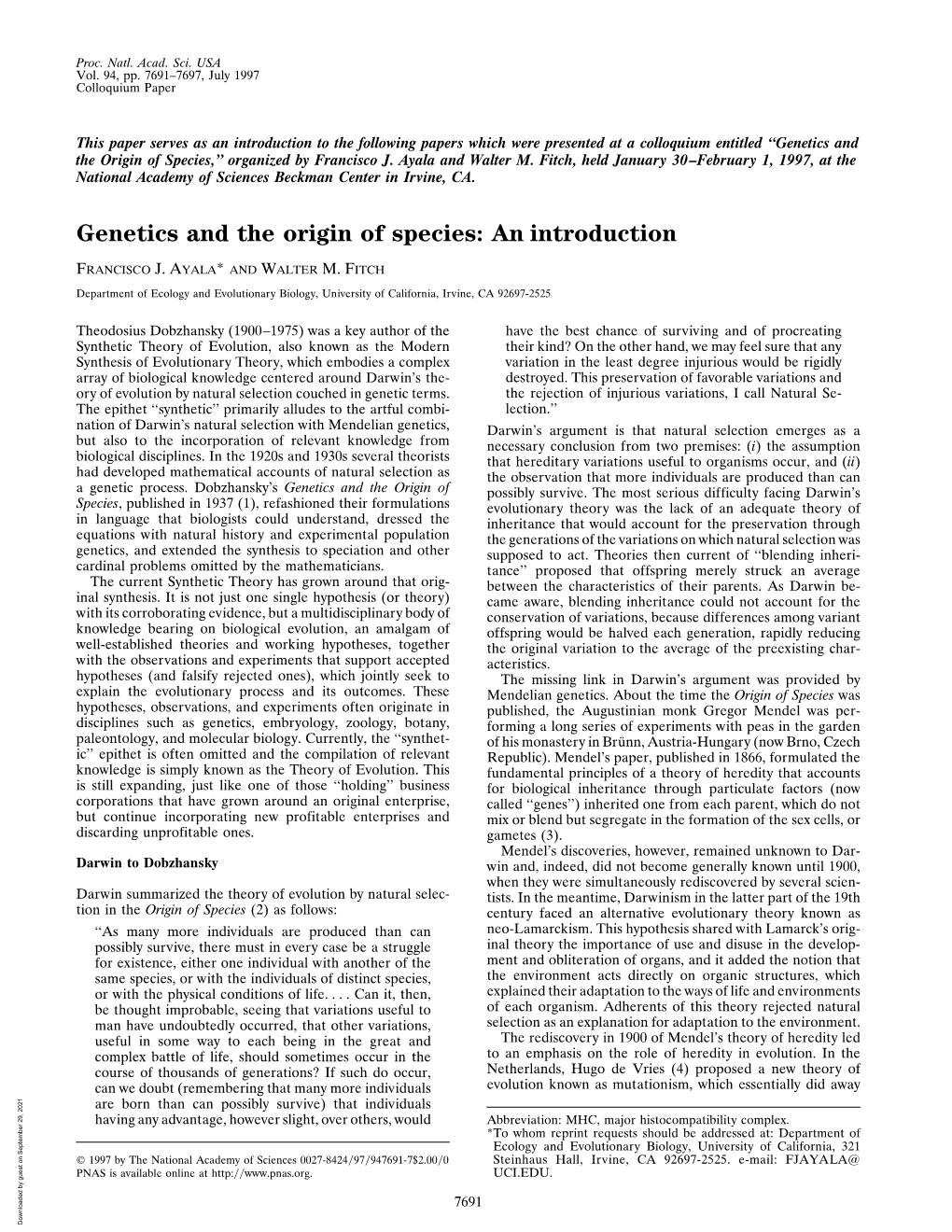 Genetics and the Origin of Species,’’ Organized by Francisco J