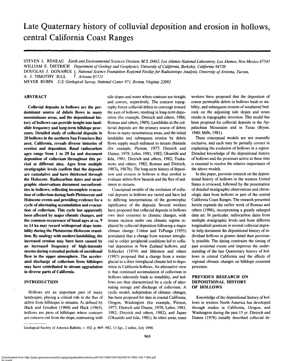 Late Quaternary History of Colluvial Deposition and Erosion in Hollows, Central California Coast Ranges