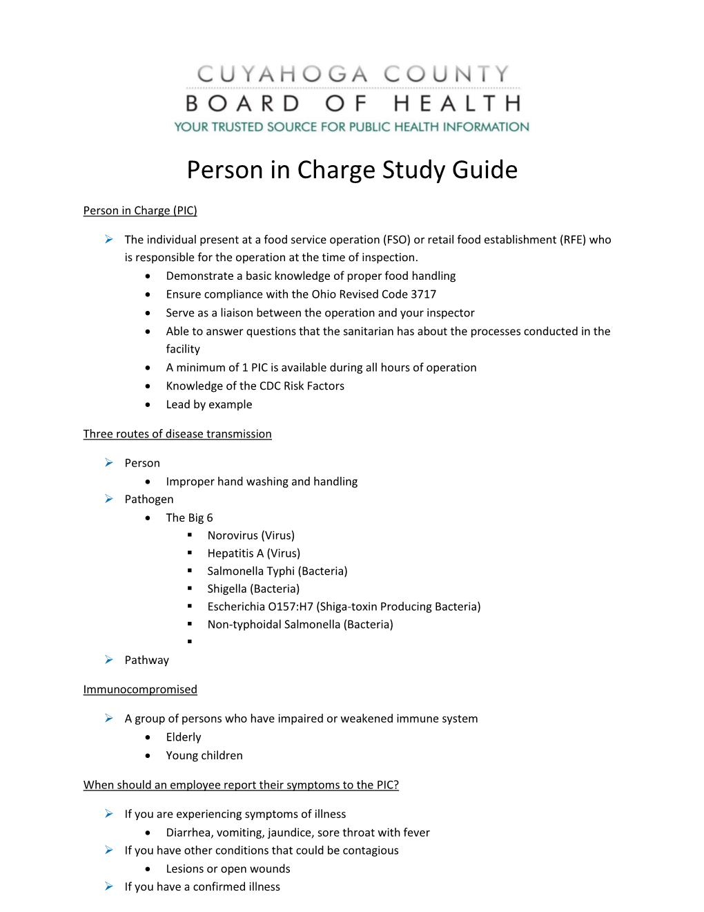 Person in Charge Study Guide