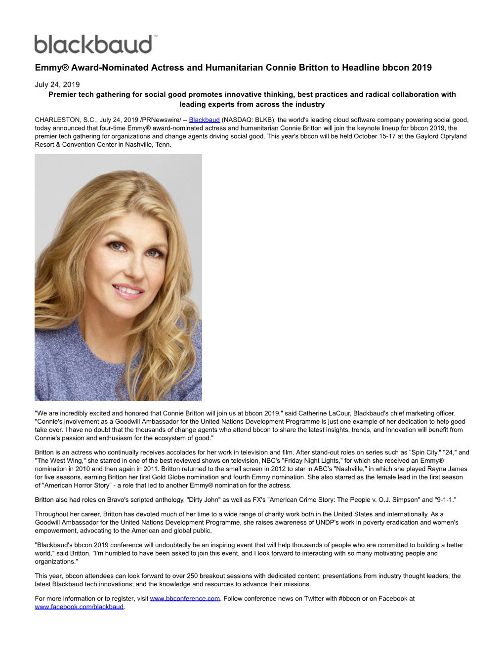 Emmy® Award-Nominated Actress and Humanitarian Connie Britton to Headline Bbcon 2019