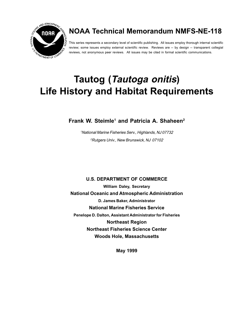 Tautog (Tautoga Onitis) Life History and Habitat Requirements