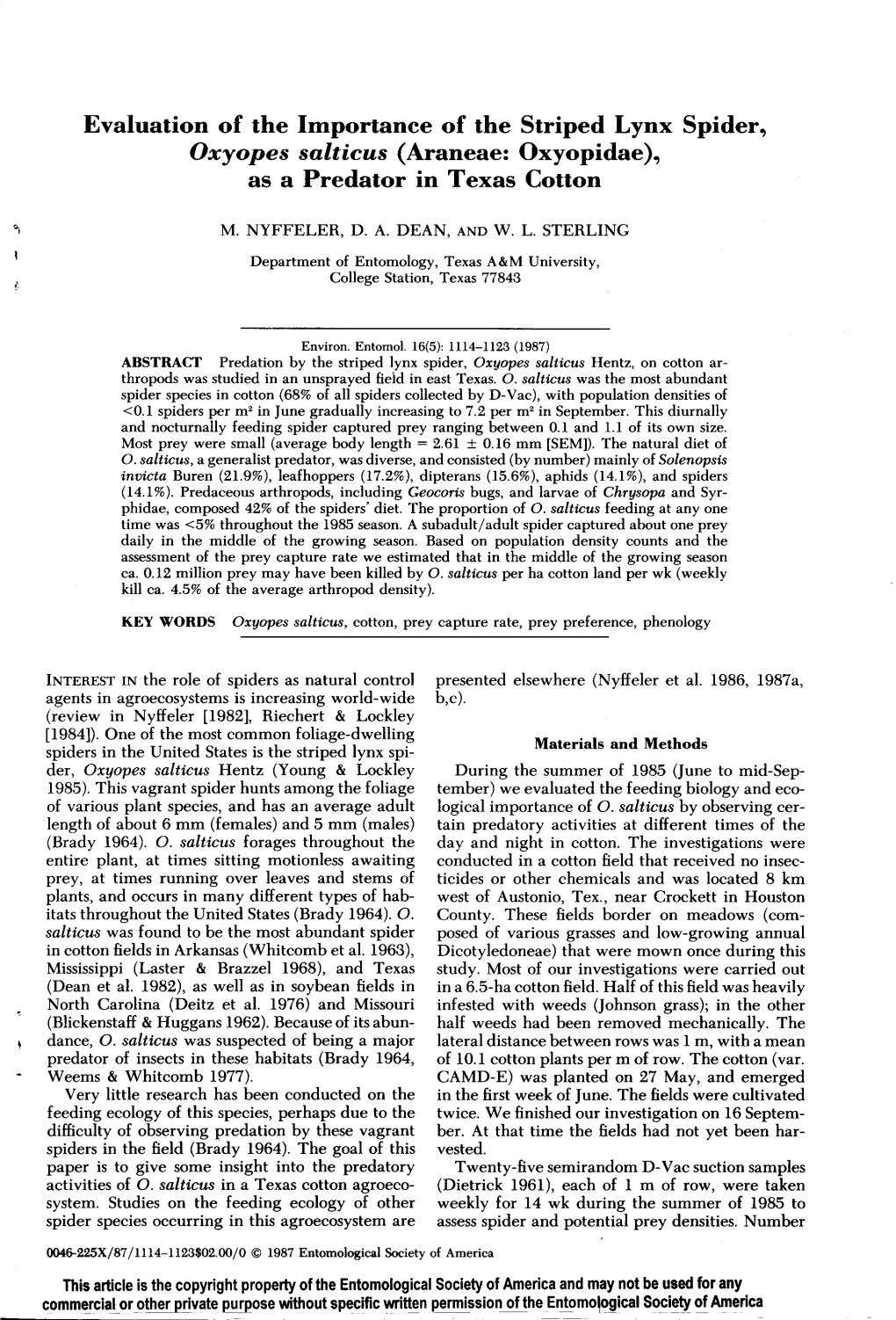 Araneae: Oxyopidae), As a Predator in Texas Cotton