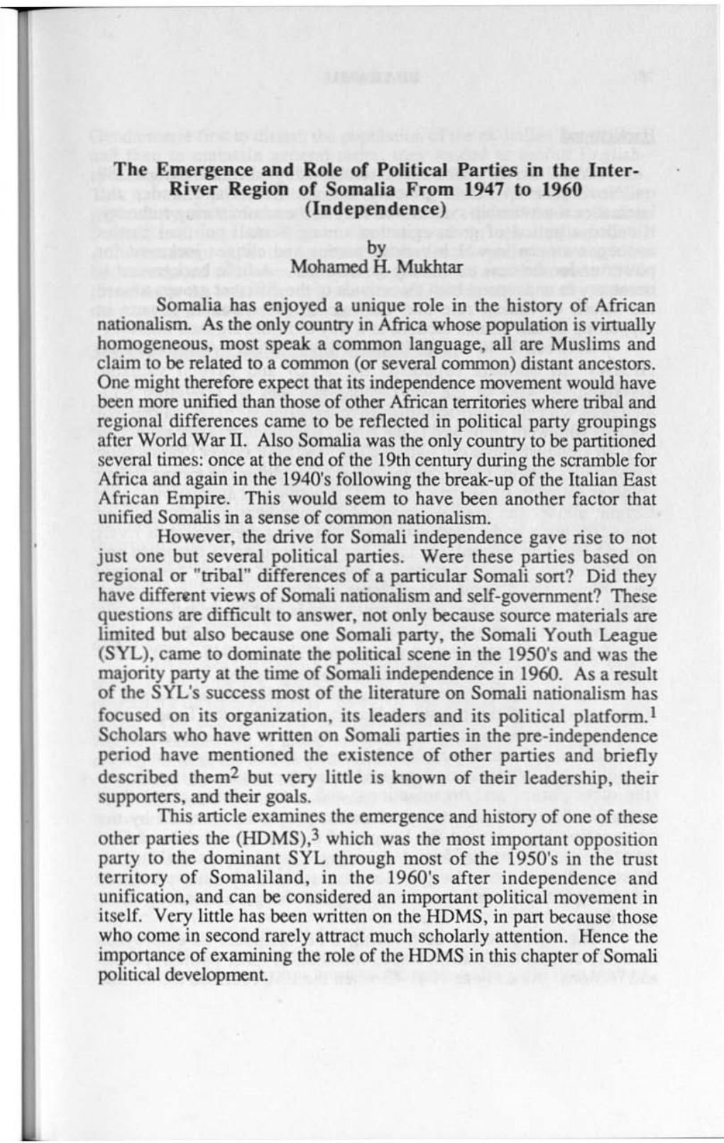 The Emergence and Role of Political Parties in the Inter­ River Region of Somalia from 1947 to 1960 (Independence)