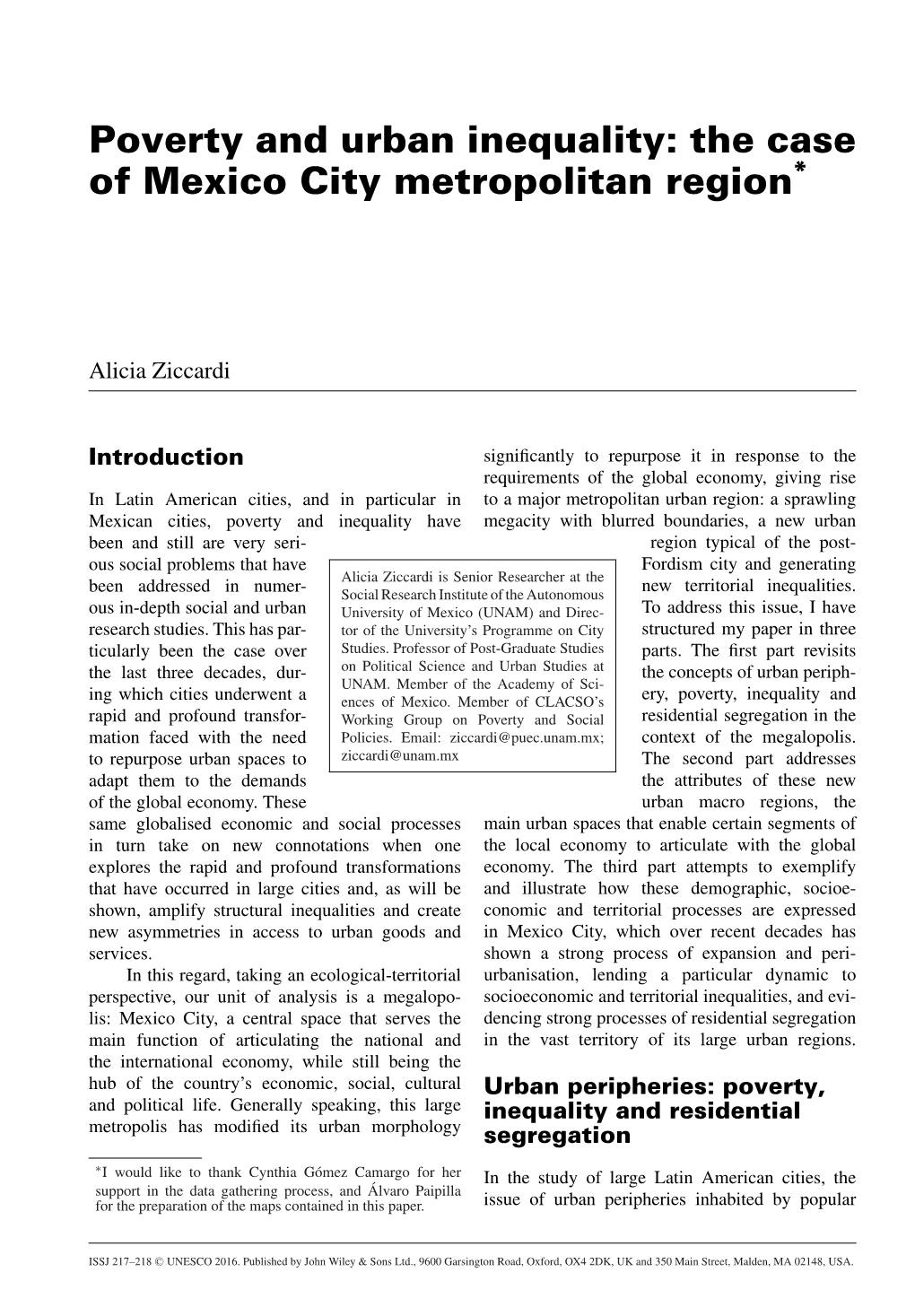 Poverty and Urban Inequality: the Case of Mexico City Metropolitan Region*