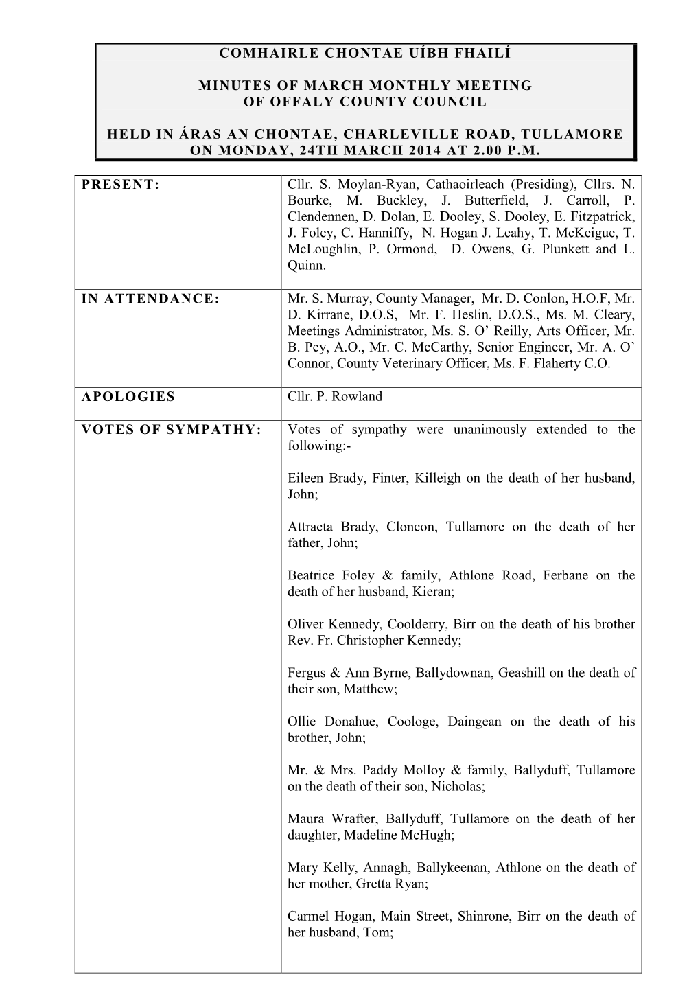 Comhairle Chontae Uíbh Fhailí Minutes of March Monthly