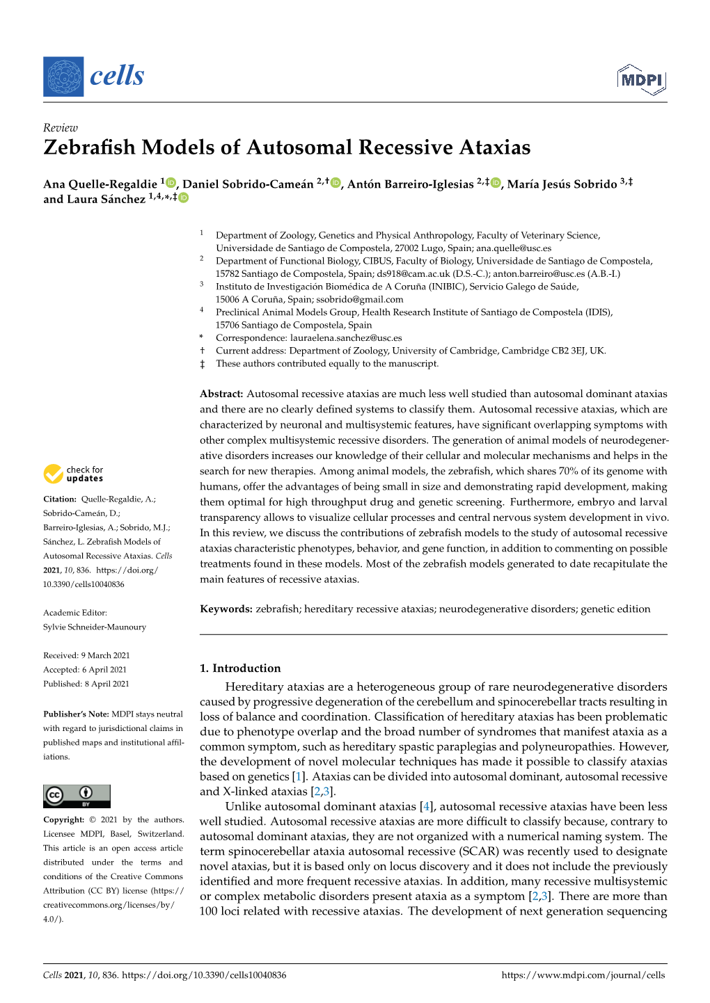 Zebrafish Models of Autosomal Recessive Ataxias