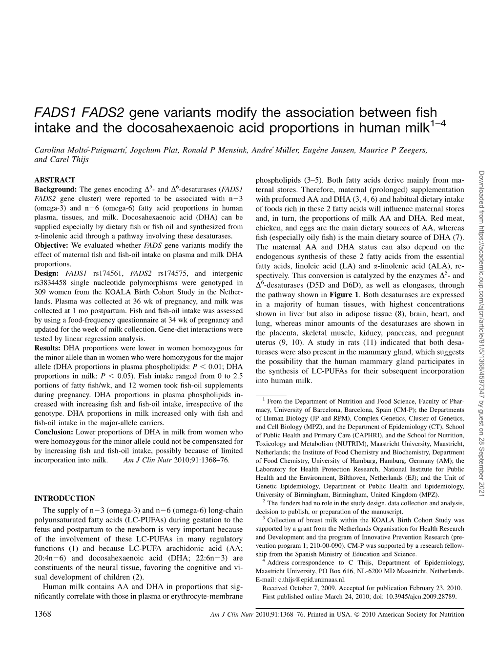 FADS1 FADS2 Gene Variants Modify the Association Between Fish Intake