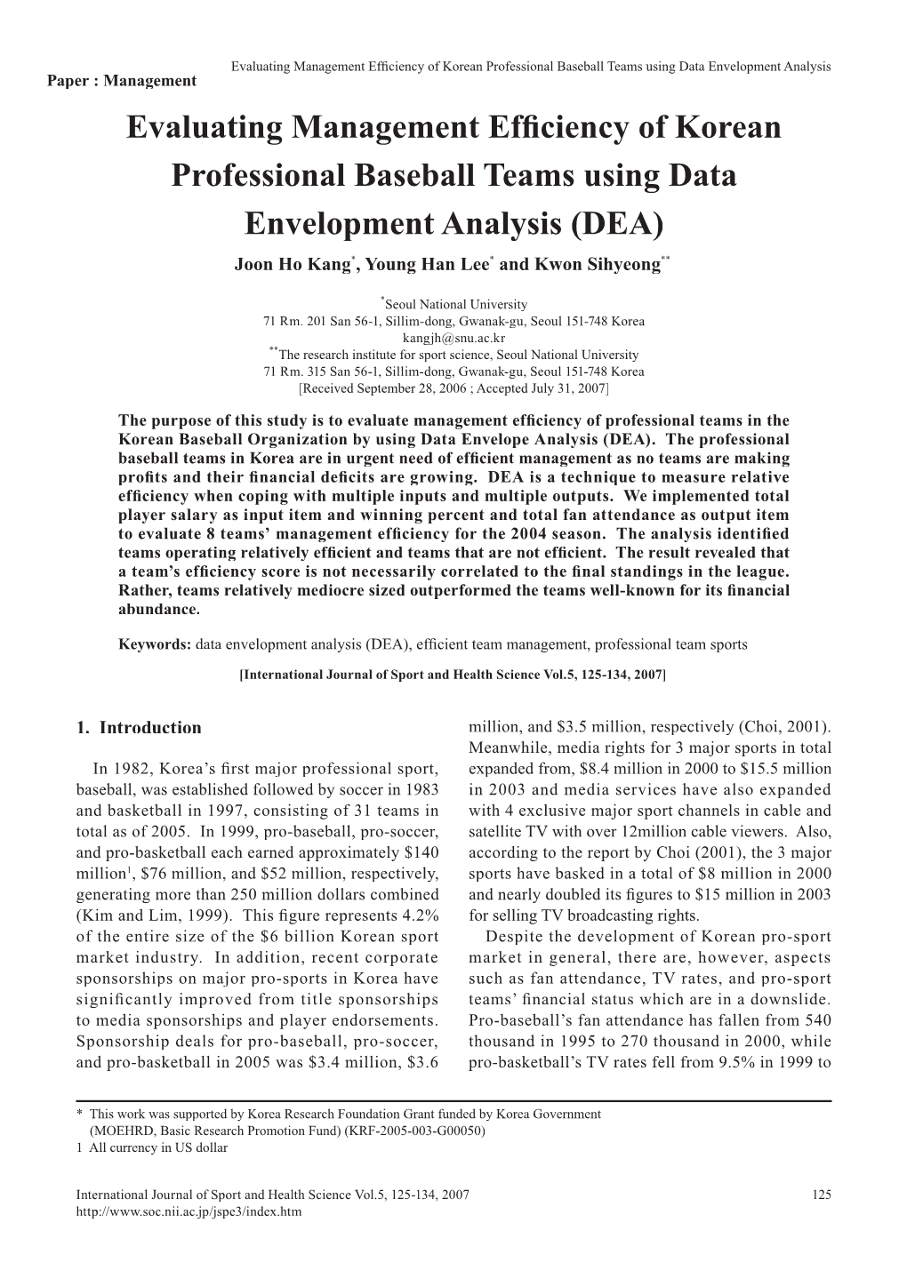 Evaluating Management Effi Ciency of Korean Professional