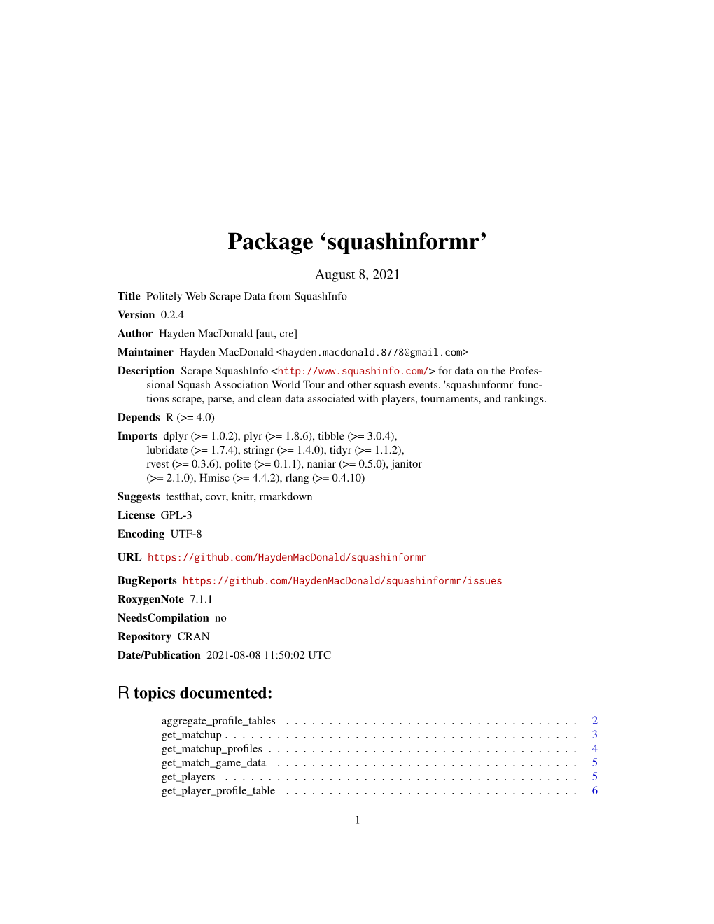 Squashinformr: Politely Web Scrape Data from Squashinfo