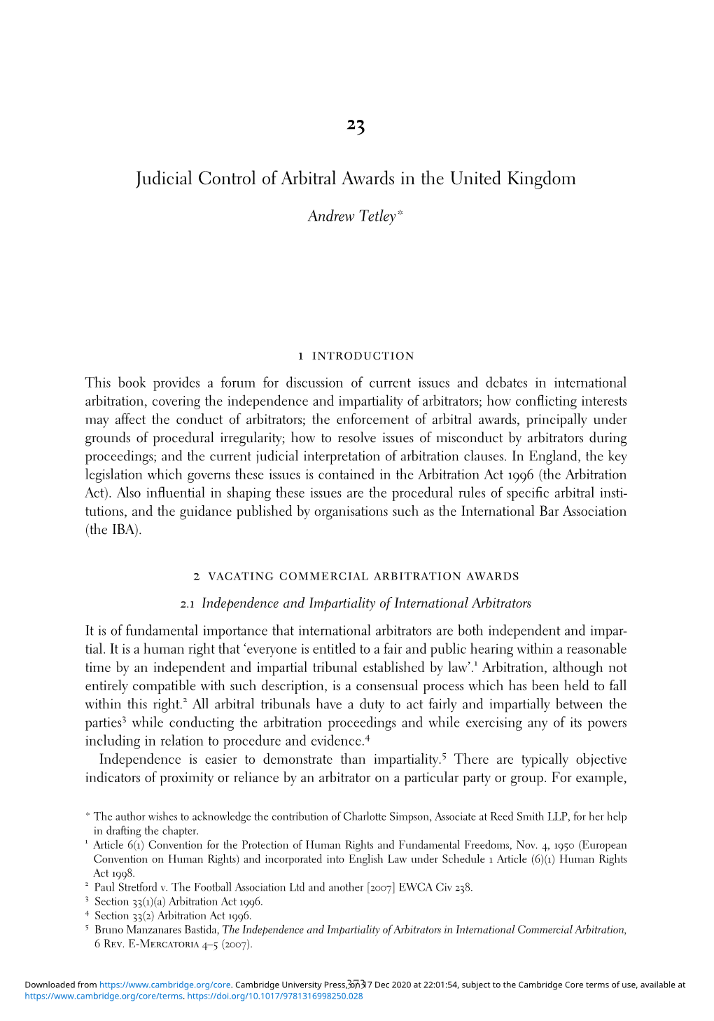 Judicial Control of Arbitral Awards in the United Kingdom