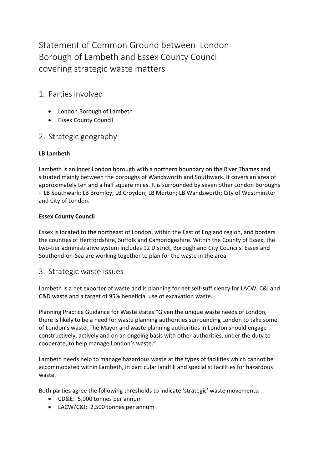 Statement of Common Ground Between London Borough of Lambeth and Essex County Council Covering Strategic Waste Matters