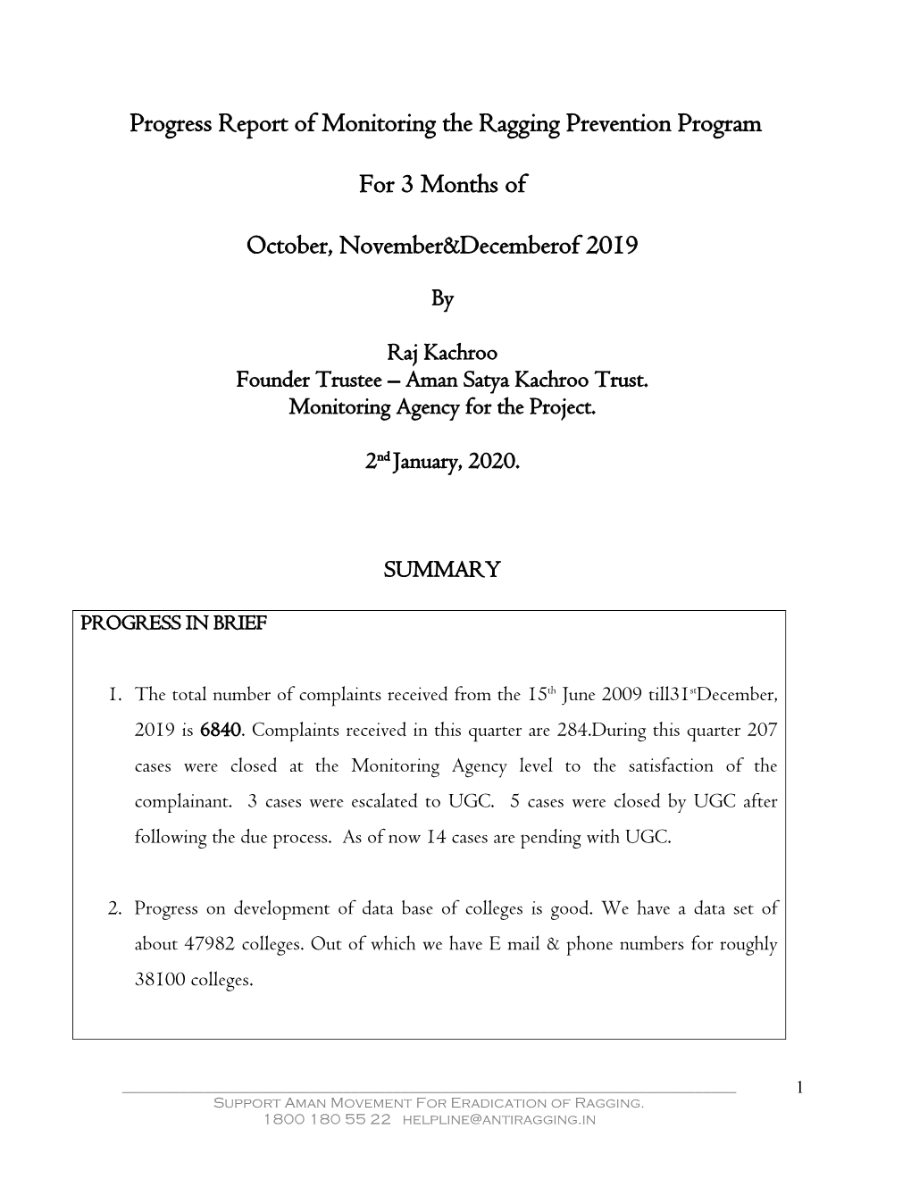 Progress Report of Monitoring the Ragging Prevention Program for 3 Months of October, November&Decemberof 2019