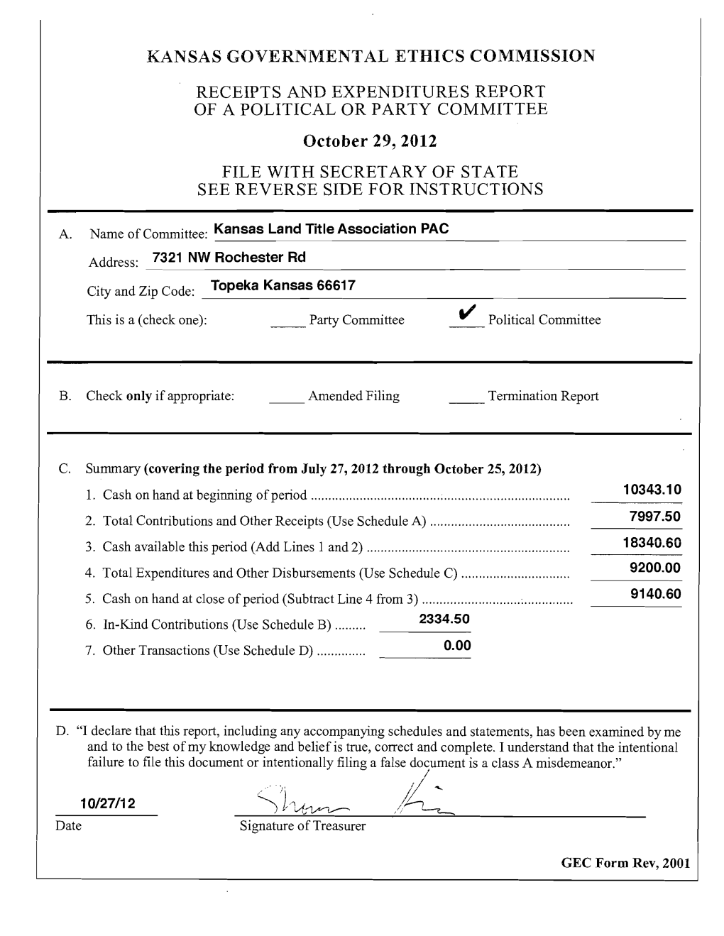 I" 10/27/12 '~)'Li~ L~ Date Signature of Treasurer