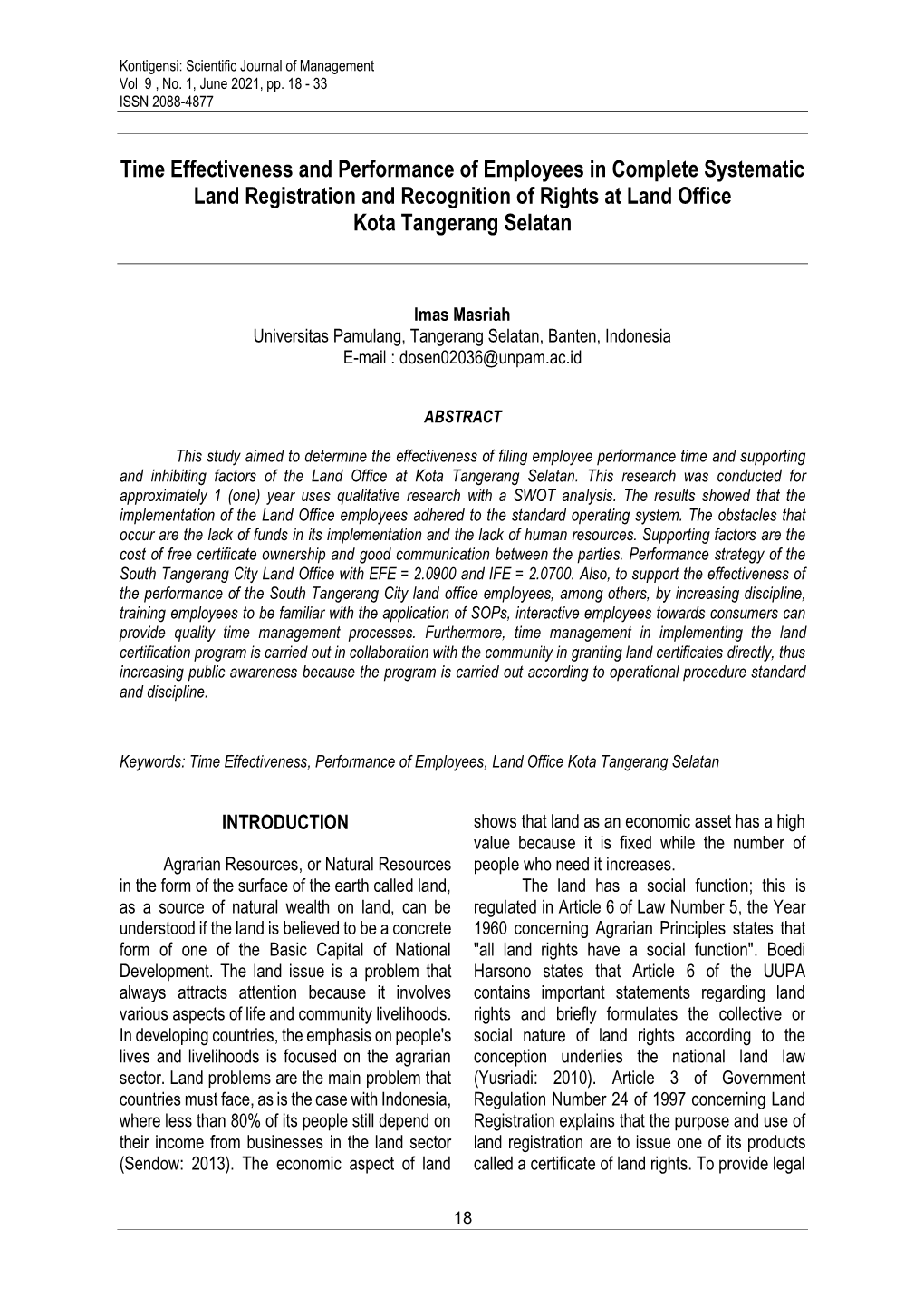 Time Effectiveness and Performance of Employees in Complete Systematic Land Registration and Recognition of Rights at Land Office Kota Tangerang Selatan