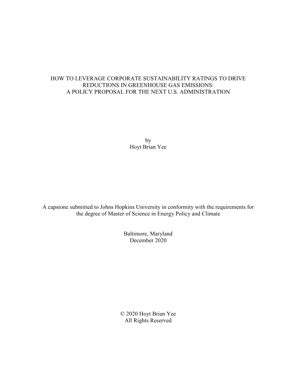 How to Leverage Corporate Sustainability Ratings to Drive Reductions in Greenhouse Gas Emissions: a Policy Proposal for the Next U.S