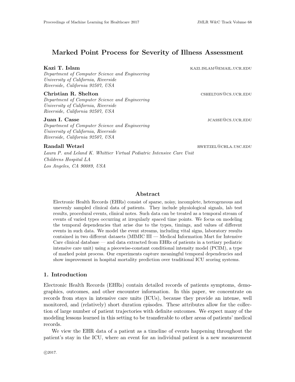 Marked Point Process for Severity of Illness Assessment