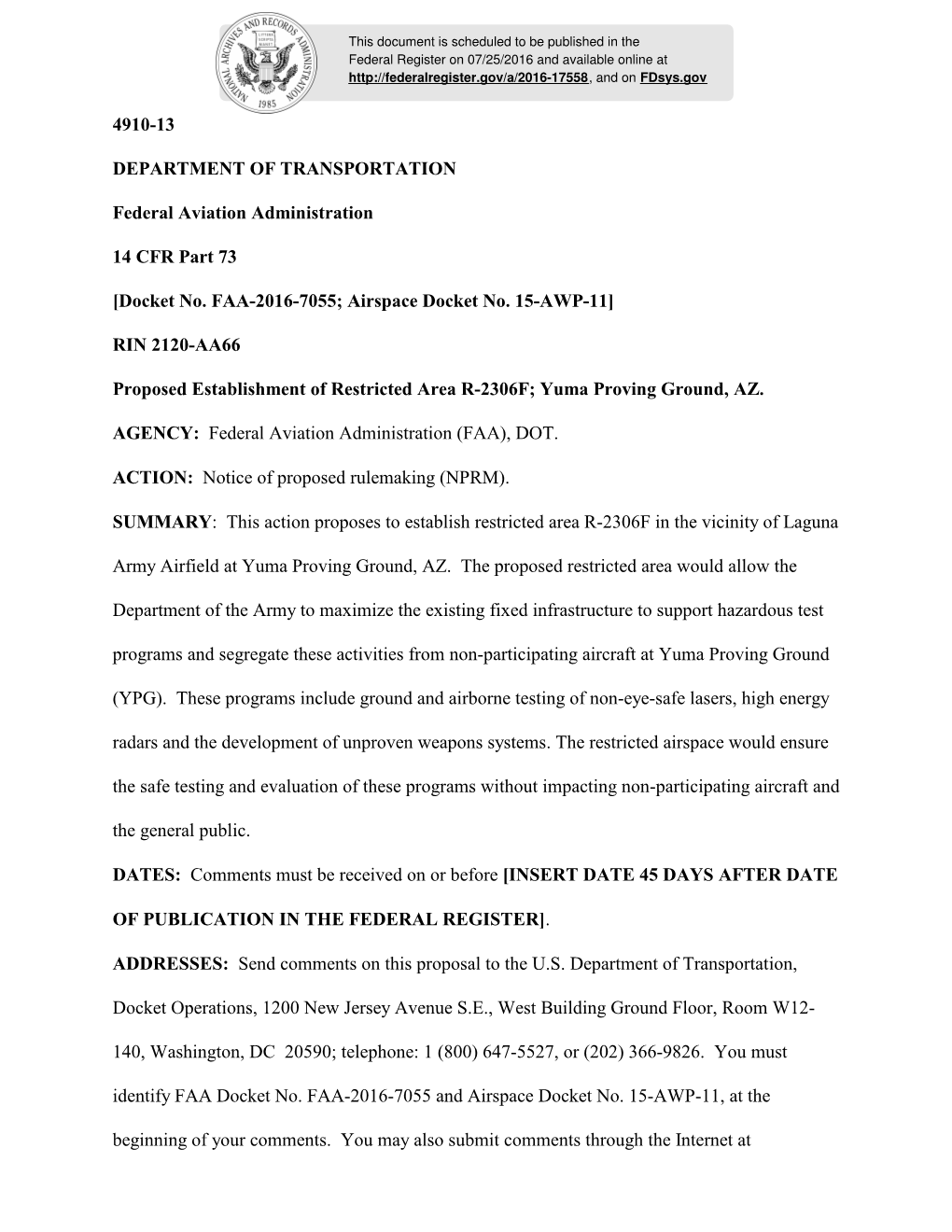 Docket No. FAA-2016-7055; Airspace Docket No