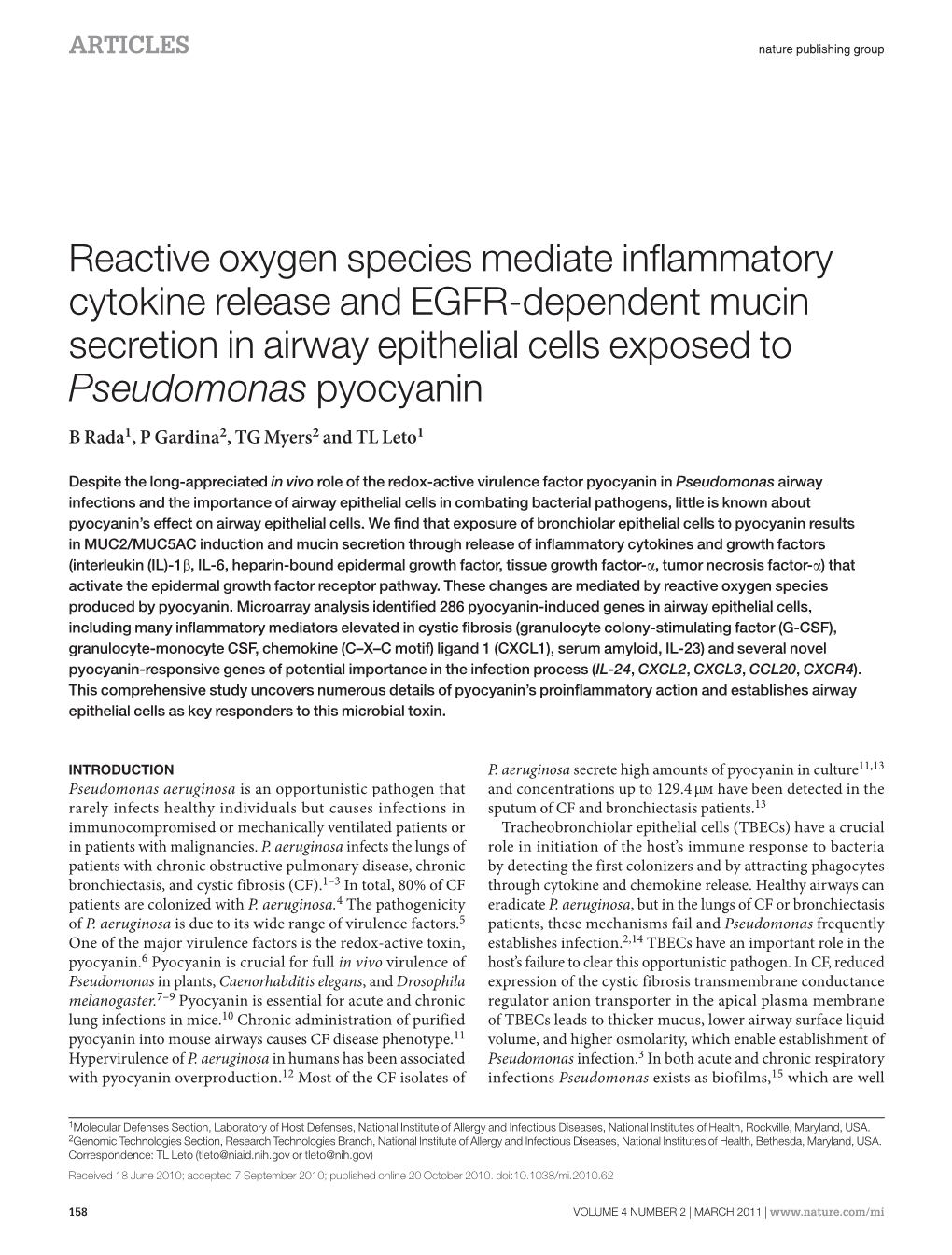 Reactive Oxygen Species Mediate Inflammatory Cytokine Release and EGFR-Dependent Mucin Secretion in Airway Epithelial Cells Exposed to Pseudomonas Pyocyanin