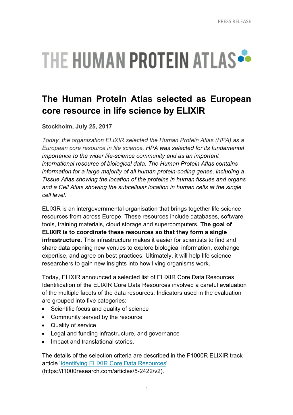 The Human Protein Atlas Selected As European Core Resource in Life Science by ELIXIR