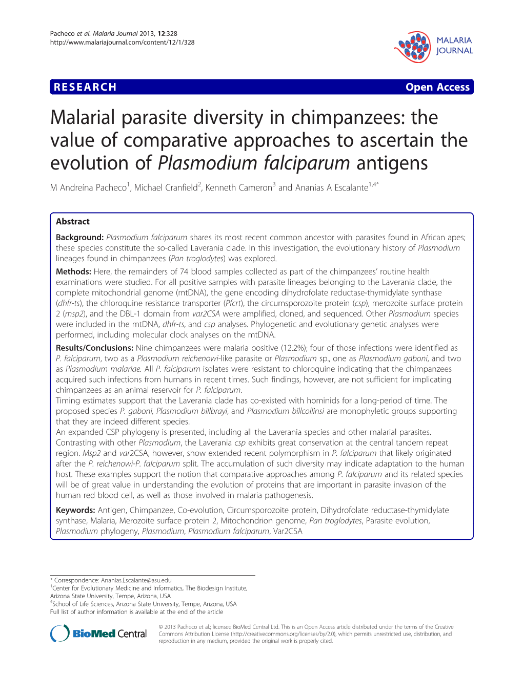 Malarial Parasite Diversity in Chimpanzees: the Value of Comparative Approaches to Ascertain the Evolution of Plasmodium Falcipa