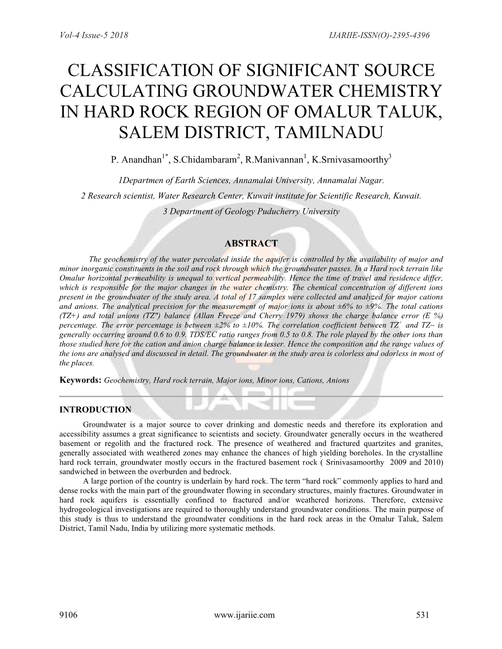 Classification of Significant Source Calculating Groundwater Chemistry in Hard Rock Region of Omalur Taluk, Salem District, Tamilnadu