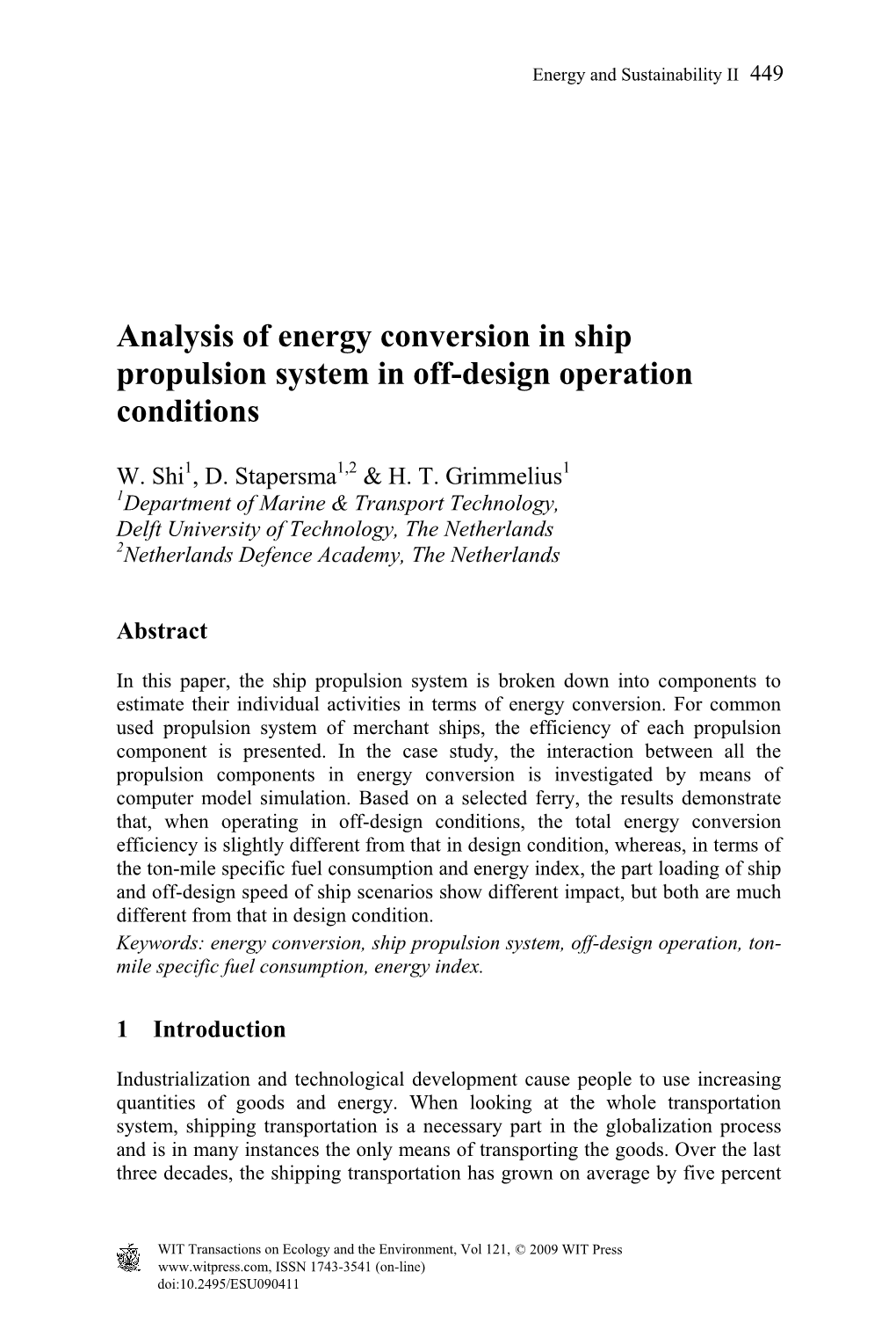 Analysis of Energy Conversion in Ship Propulsion System in Off-Design Operation Conditions