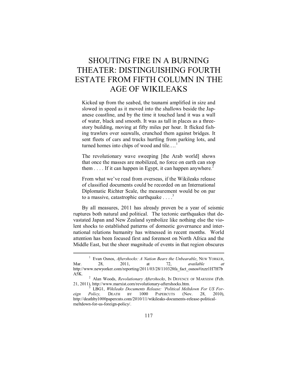 Shouting Fire in a Burning Theater: Distinguishing Fourth Estate from Fifth Column in the Age of Wikileaks