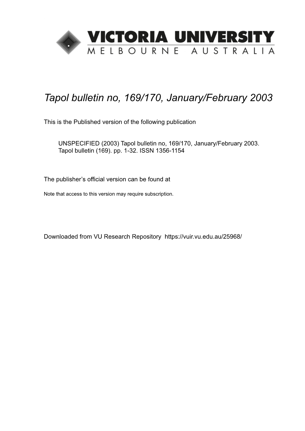 Tapol Bulletin No, 169/170, January/February 2003