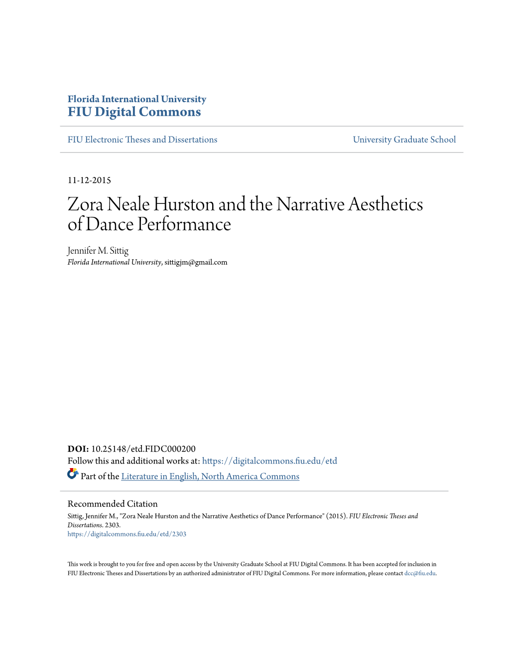 Zora Neale Hurston and the Narrative Aesthetics of Dance Performance Jennifer M