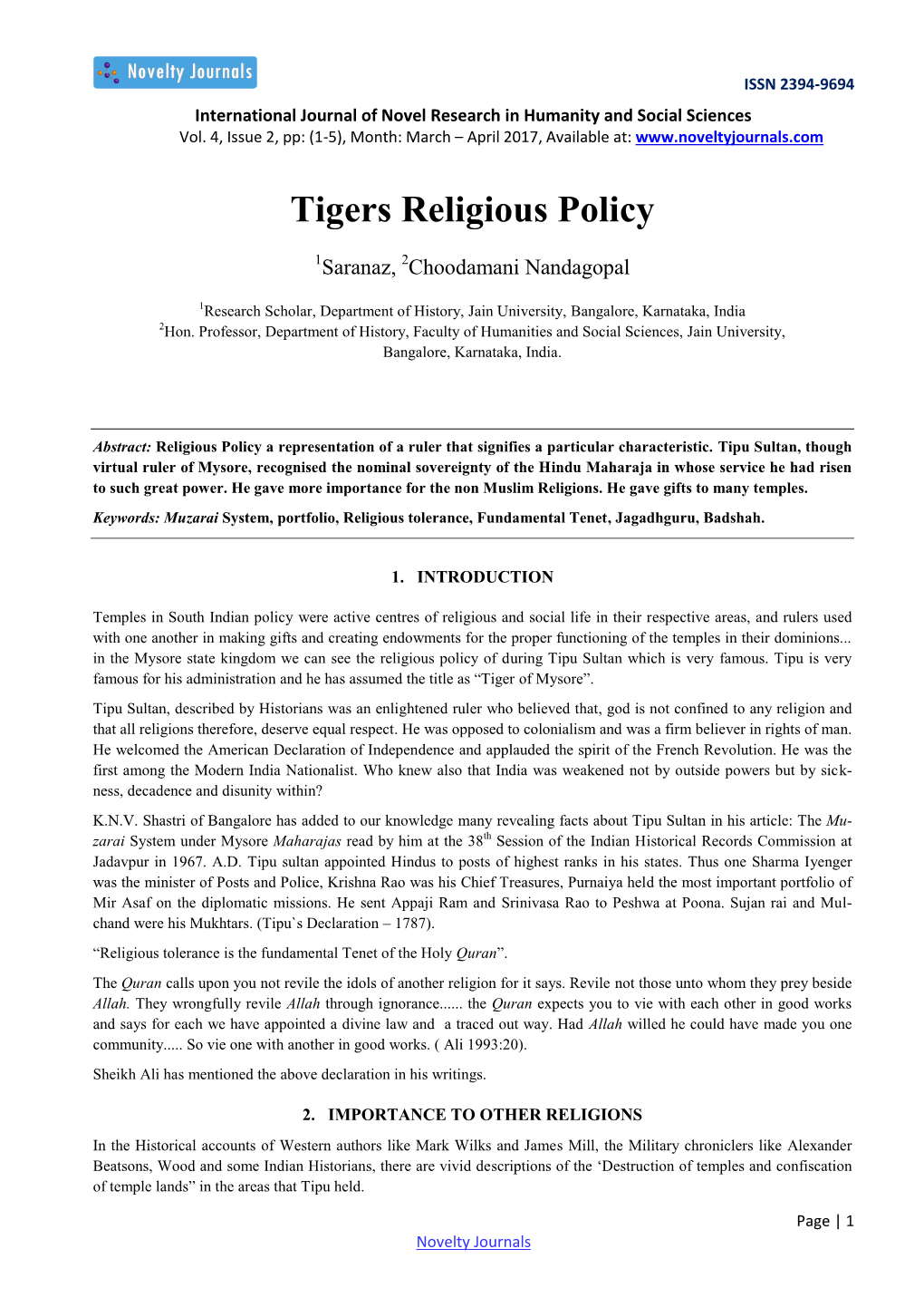 Tigers Religious Policy