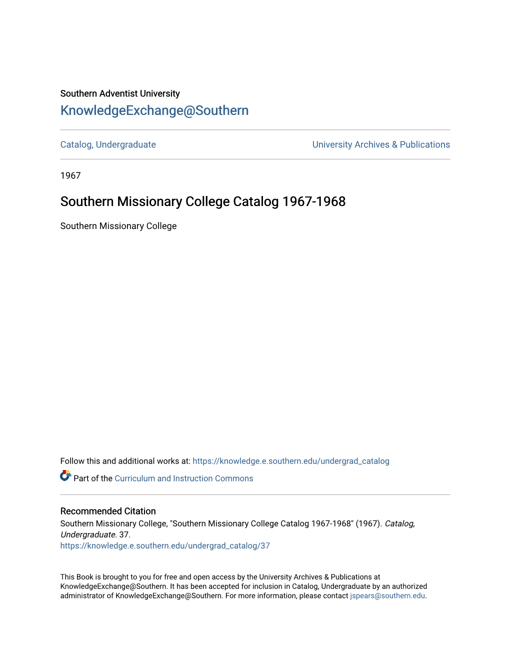 Southern Missionary College Catalog 1967-1968