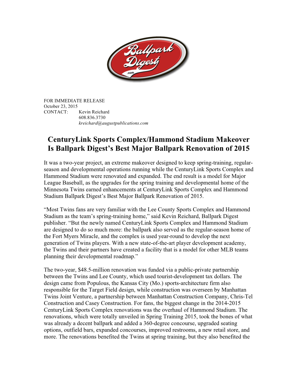 Centurylink Sports Complex/Hammond Stadium Makeover Is Ballpark Digest’S Best Major Ballpark Renovation of 2015