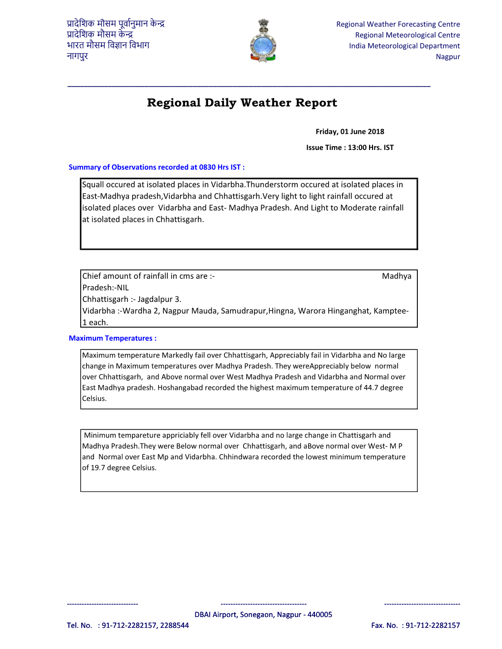 Regional Daily Weather Report