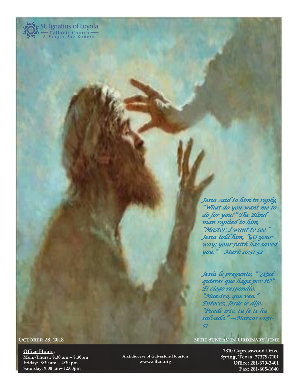 October 28, 2018 30Th Sunday in Ordinary Time