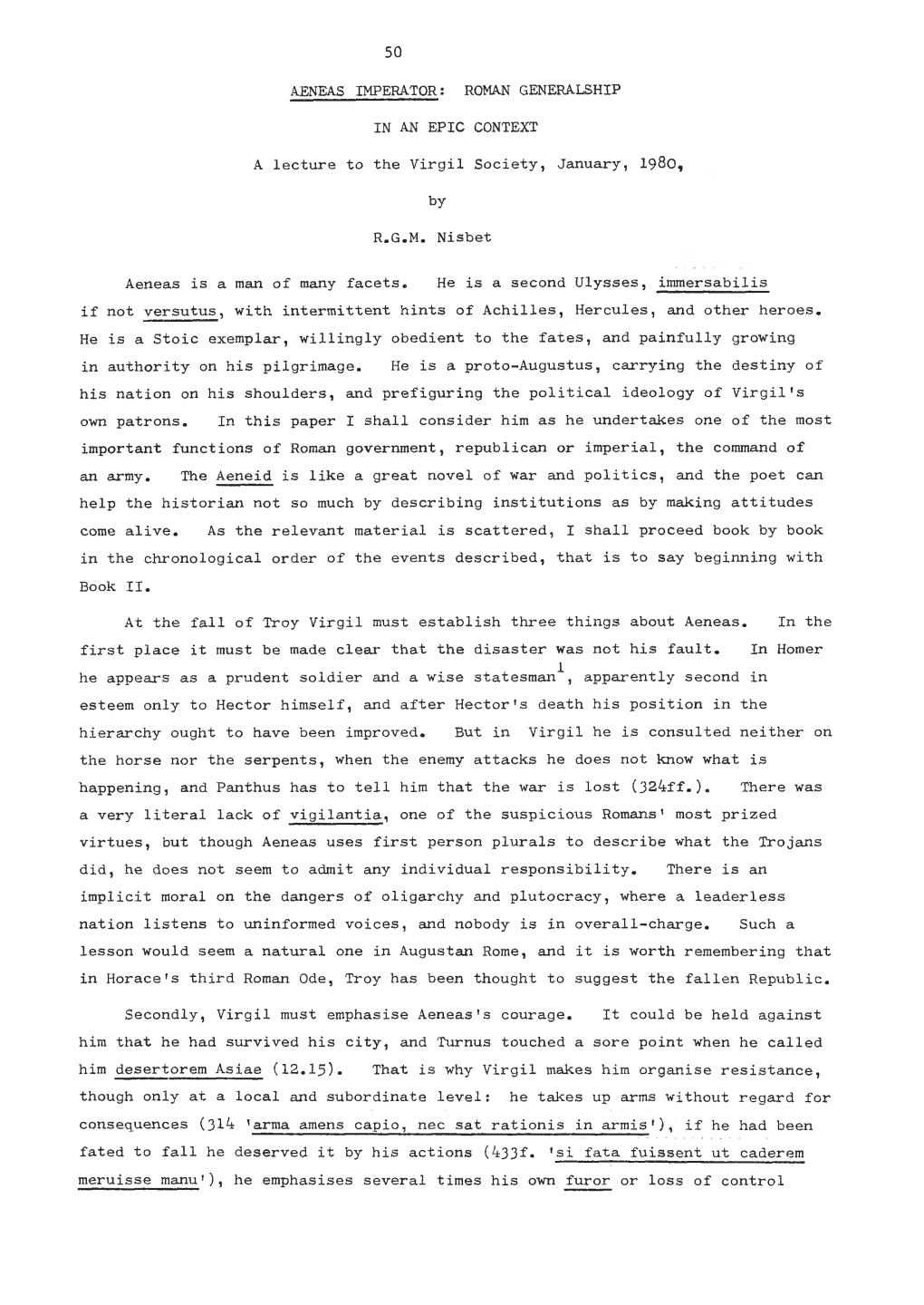 AENEAS IMPERATOR; ROMAN GENERALSHIP in an EPIC CONTEXT a Lecture to the Virgil Society, January, 1980, by R.G.M. Nisbet Aeneas I