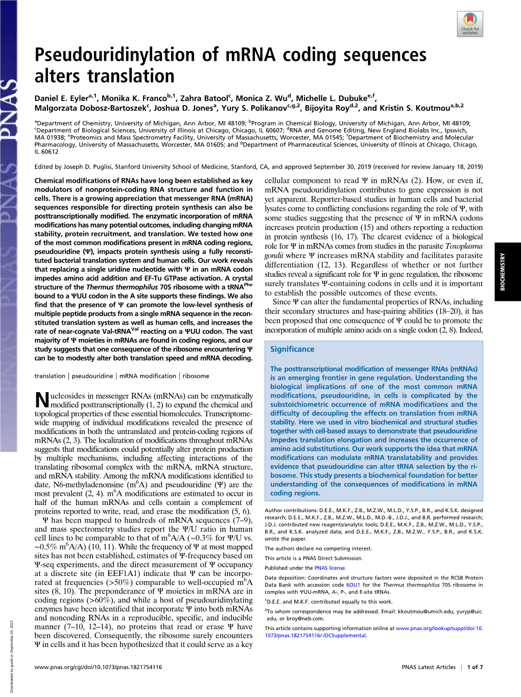 Pseudouridinylation of Mrna Coding Sequences Alters Translation