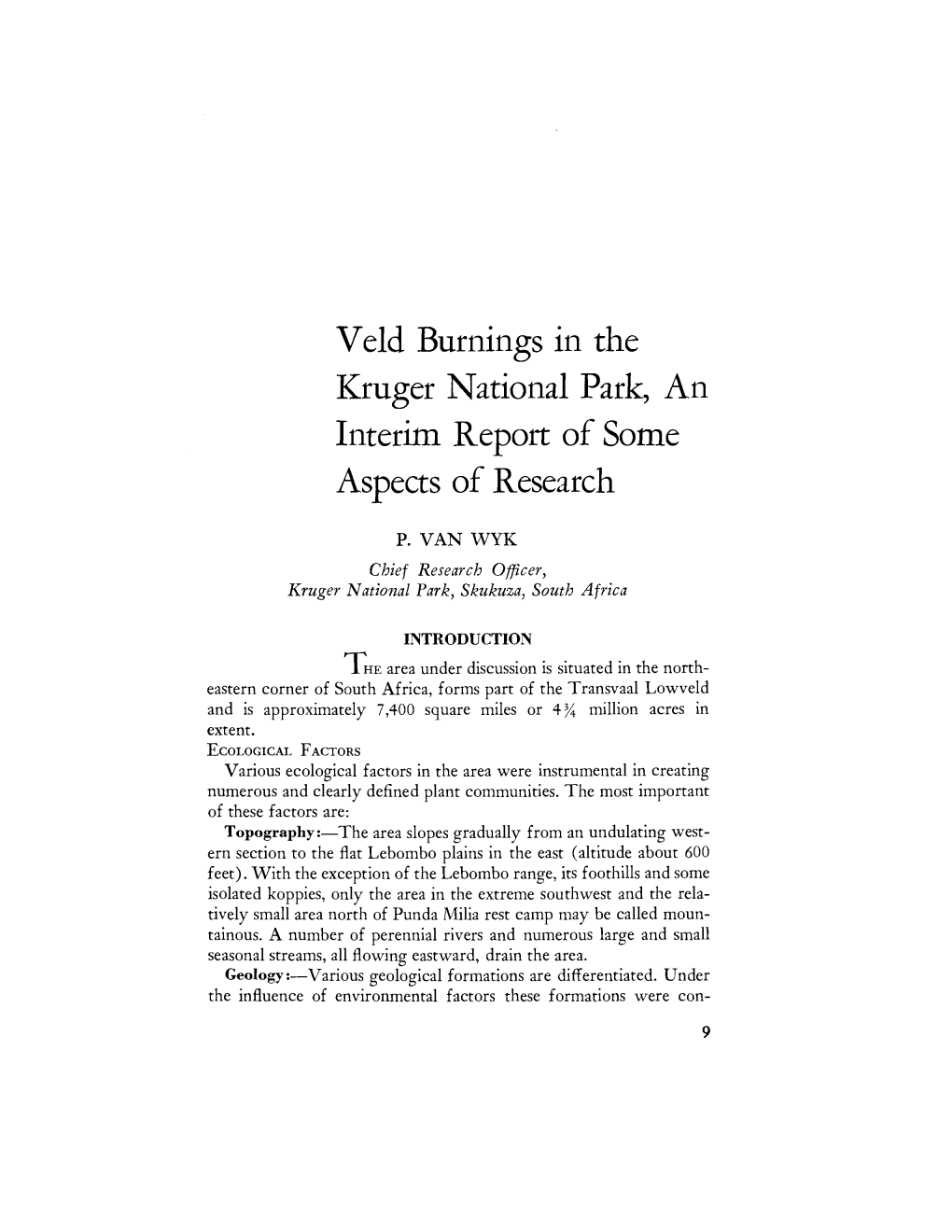 Veld Burnings in the Kruger National Park, an Interim Report of Some Aspects of Research