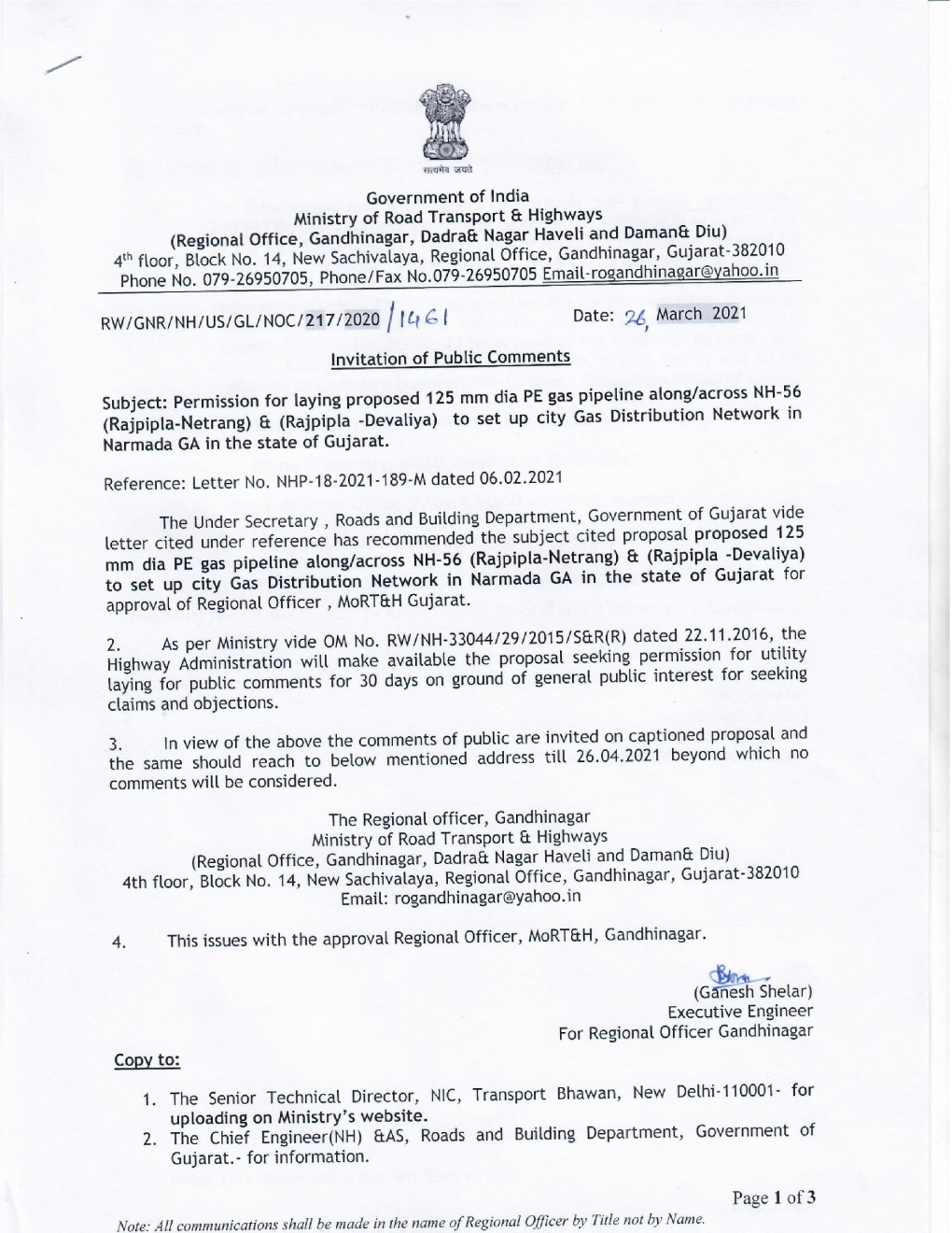 Permission for Laying Proposed 125 Mm Dia PE Gas Pipeline Along