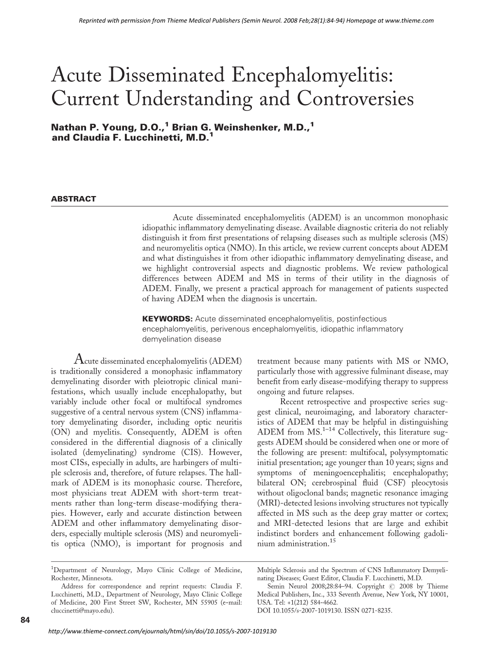 Acute Disseminated Encephalomyelitis: Current Understanding and Controversies