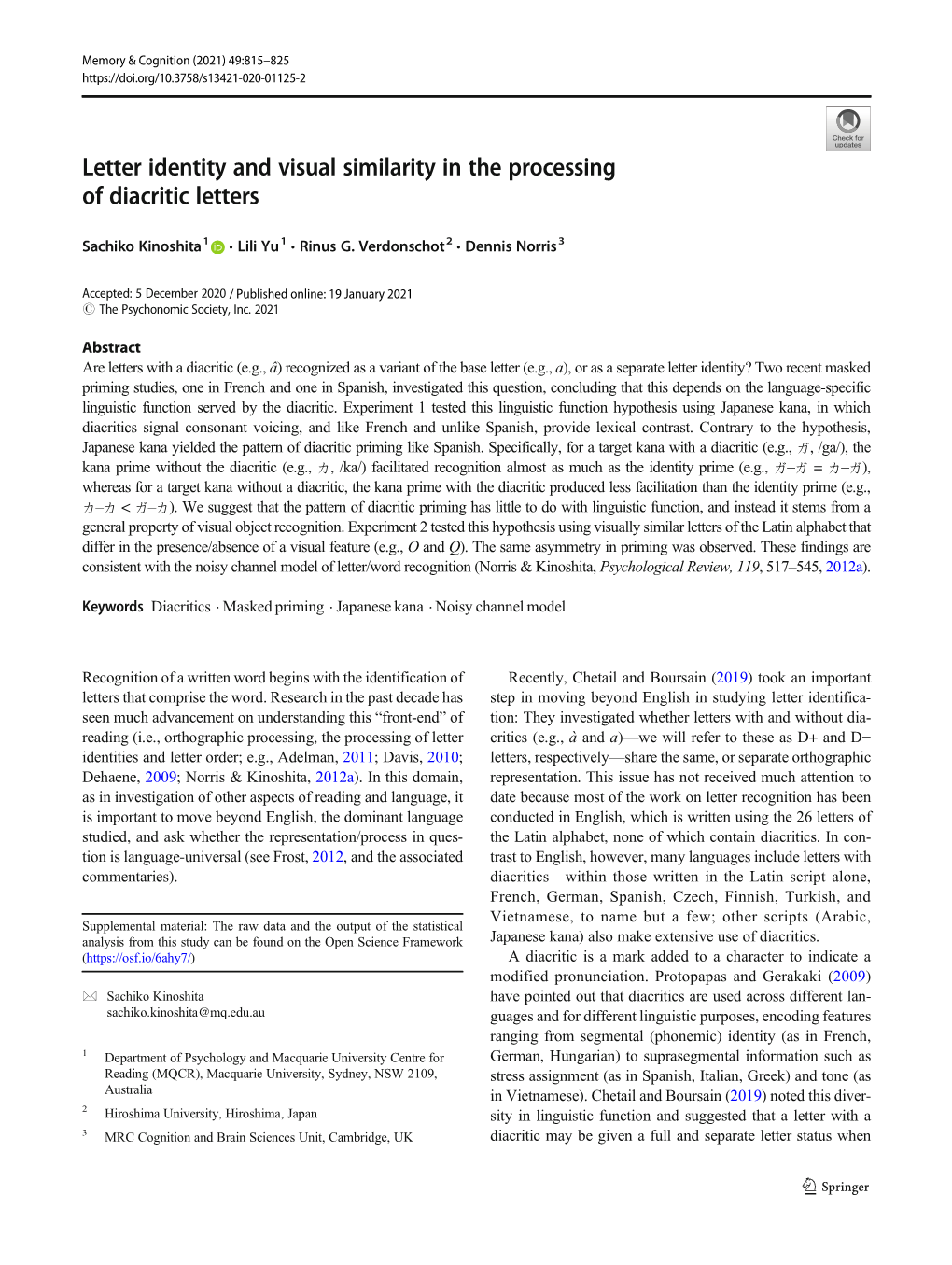 Letter Identity and Visual Similarity in the Processing of Diacritic Letters