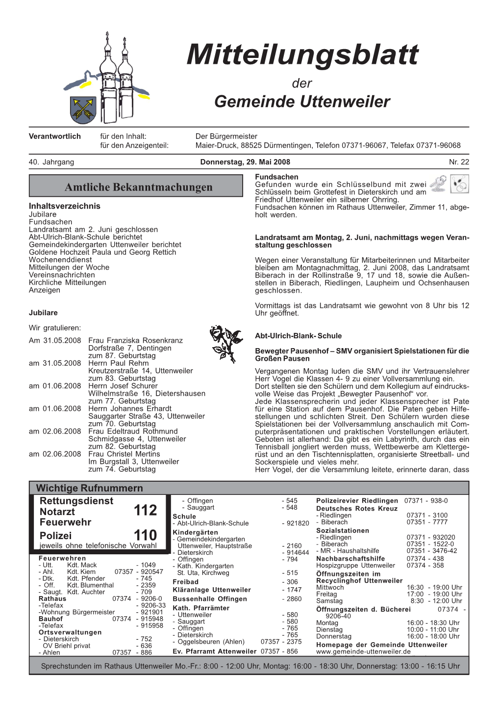 Mitteilungsblatt Der Gemeinde Uttenweiler