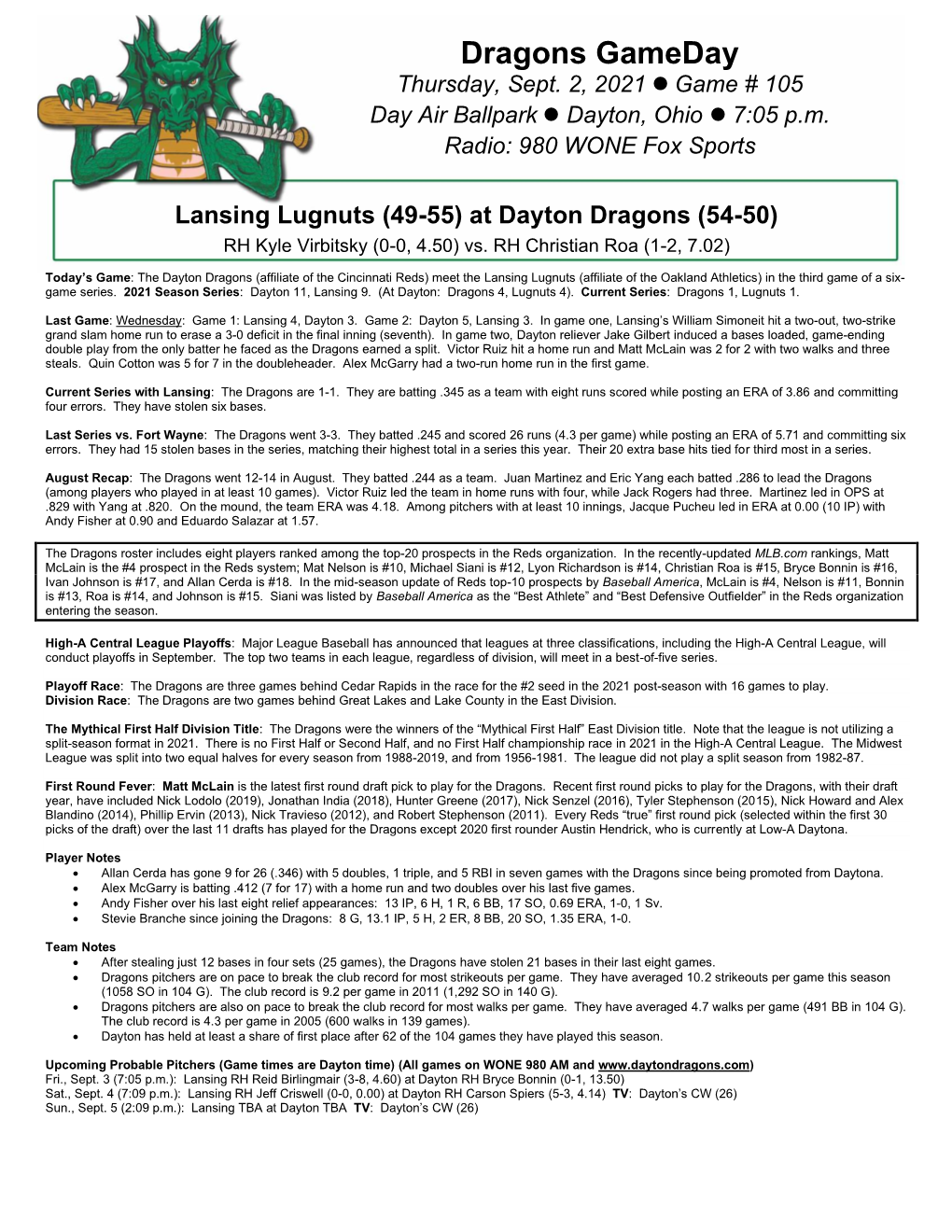 Lansing Lugnuts (49-55) at Dayton Dragons (54-50) RH Kyle Virbitsky (0-0, 4.50) Vs
