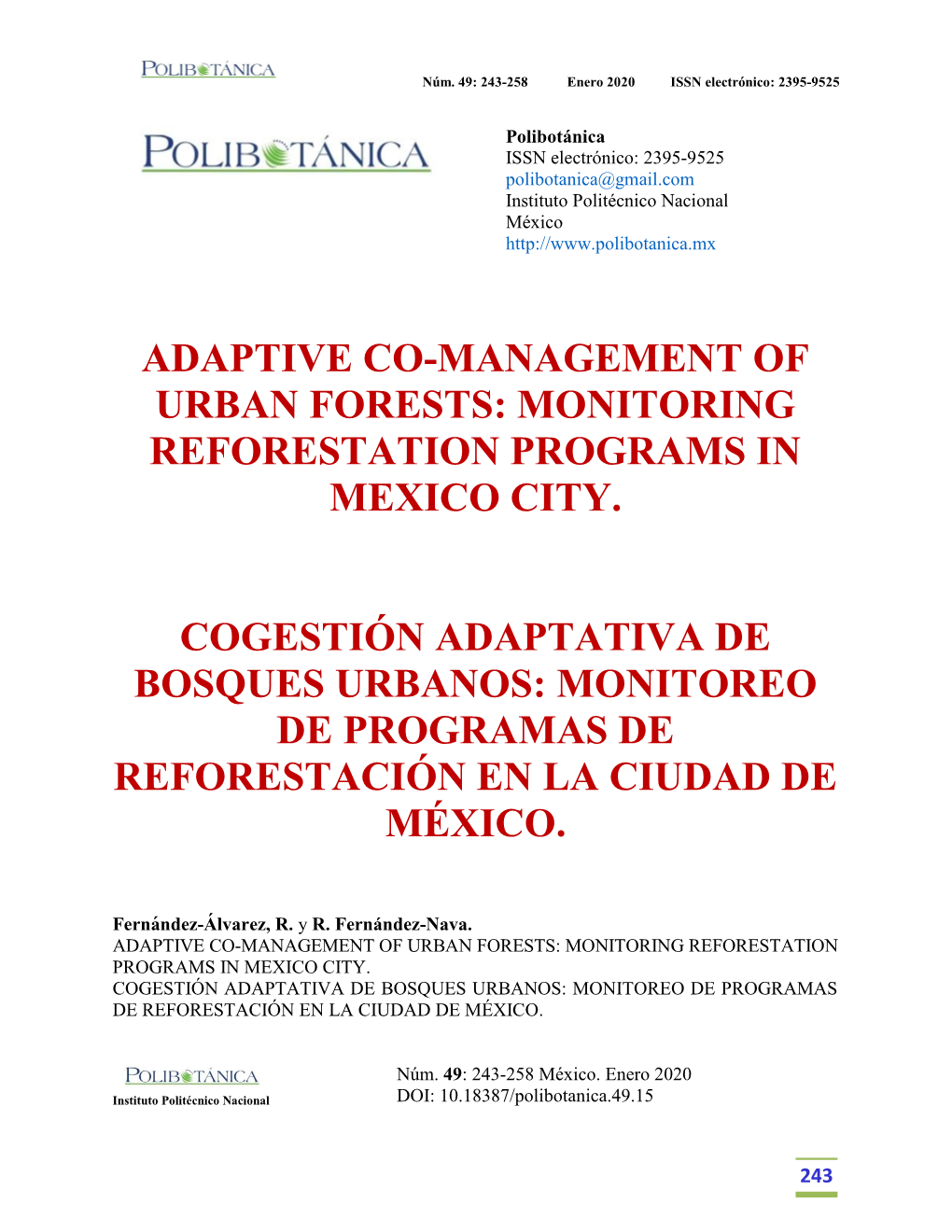 Adaptive Co-Management of Urban Forests: Monitoring Reforestation Programs in Mexico City