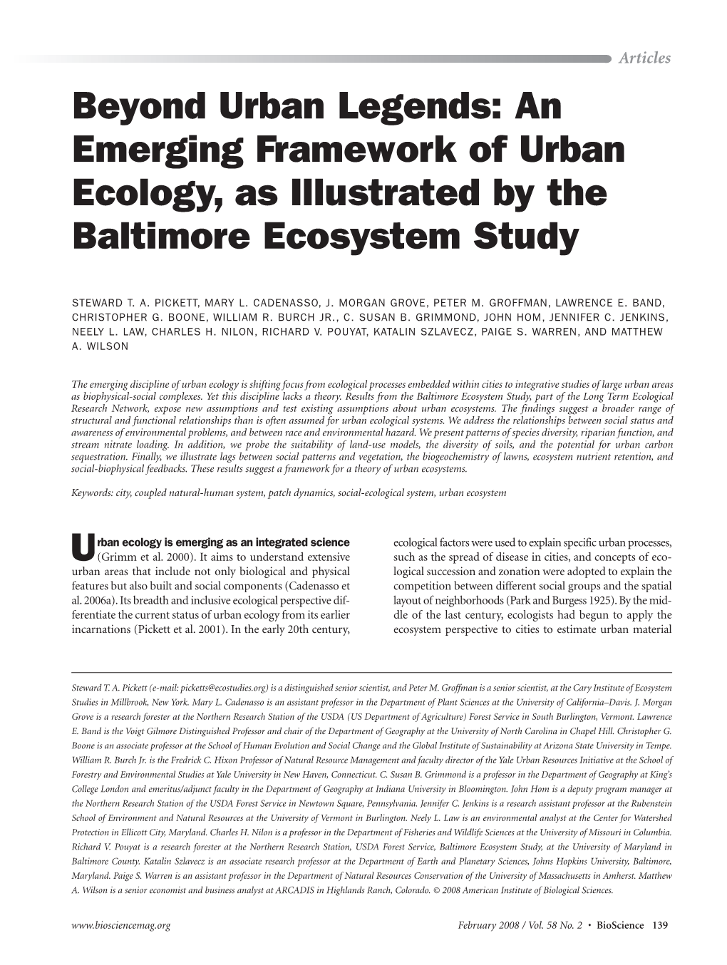 An Emerging Framework of Urban Ecology, As Illustrated by the Baltimore Ecosystem Study