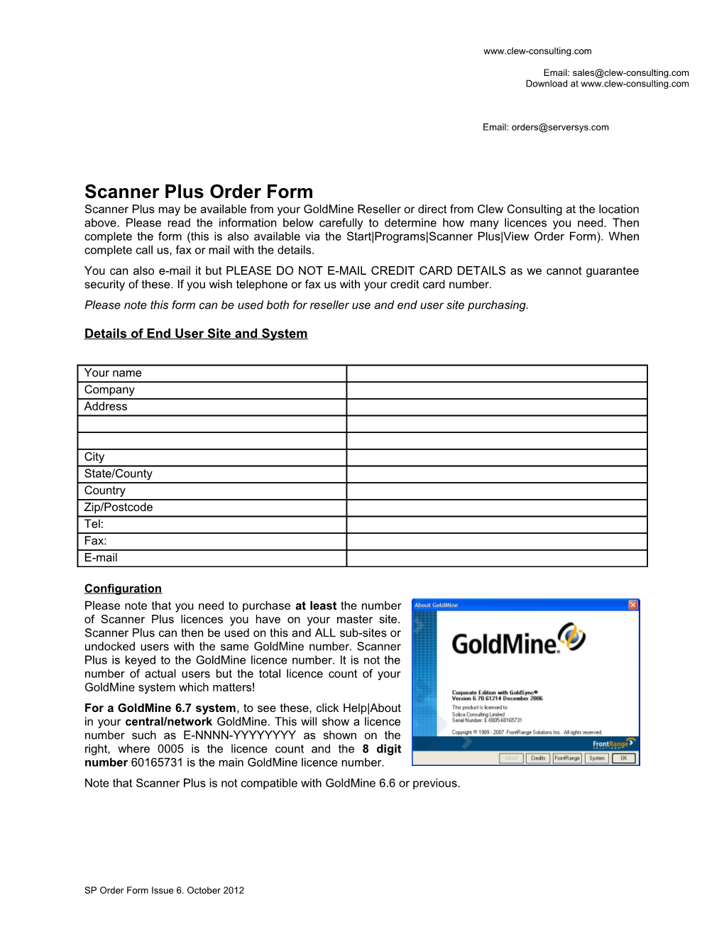 Scanner Plus Order Form