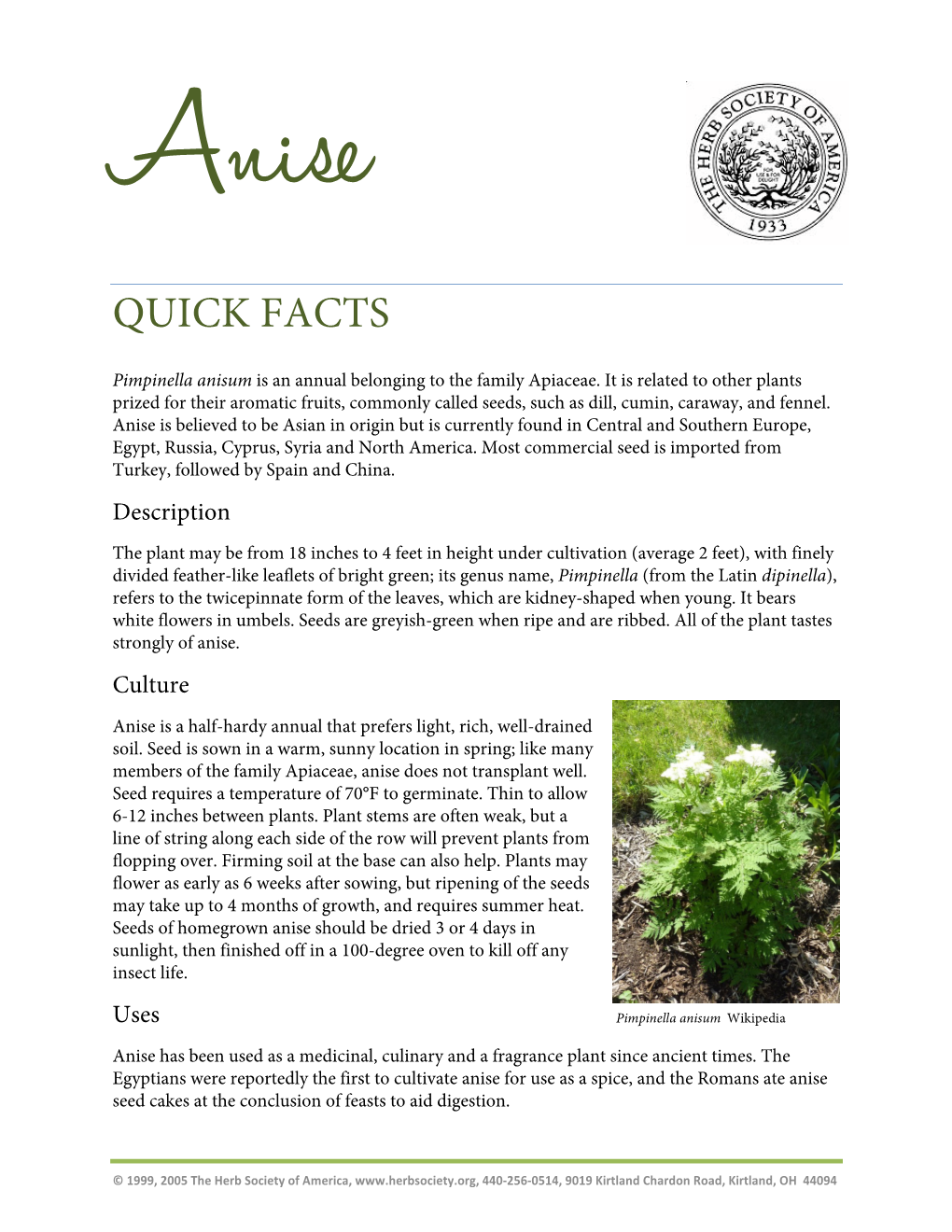 Anise QUICK FACTS