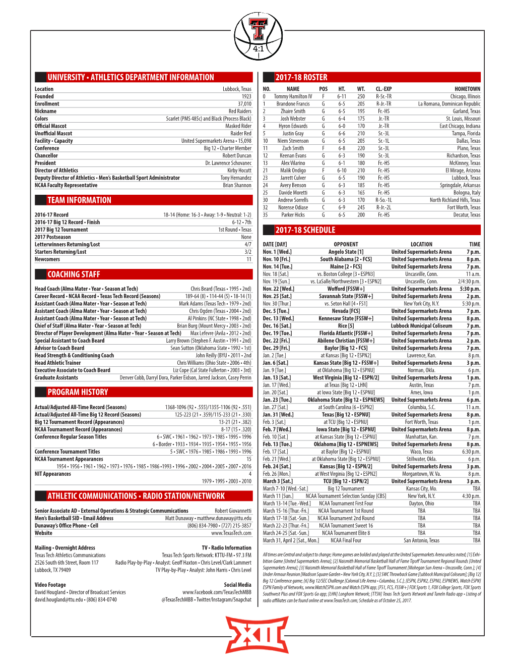 UNIVERSITY • ATHLETICS DEPARTMENT INFORMATION 2017-18 ROSTER Location Lubbock, Texas NO